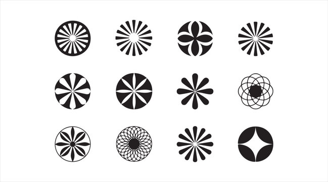 Minimalist circular rosette icon set with geometric radial patterns, mandala motifs and black vector decorative elements