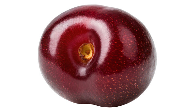 Single dark red cherry with stem indent and glossy skin