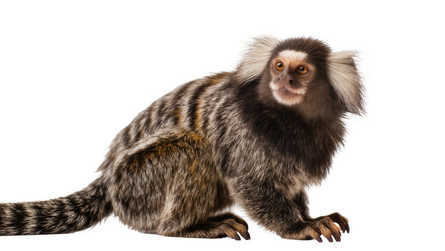 Common Marmoset Monkey with Striped Fur and White Ear Tufts