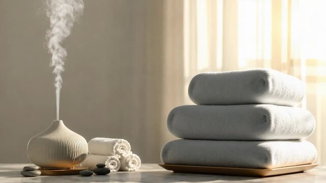Luxury Aromatherapy Diffuser Releasing Gentle Steam in Relaxing Home Spa Interior