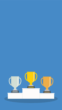 Podium winners. Gold, silver and bronze cups on podium. Vector illustration