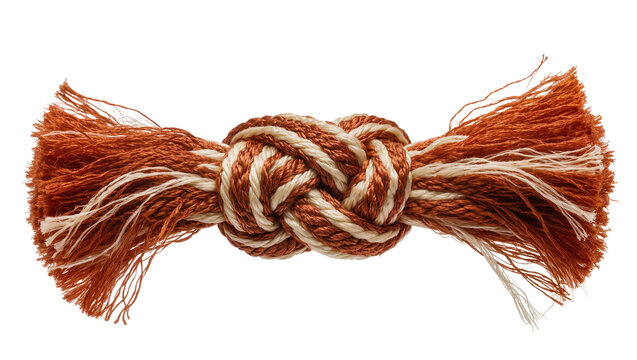 Braided rope knot with frayed ends, orange and cream colors