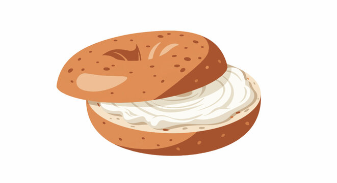 A simple illustration of a round bagel sliced in half and generously filled with a creamy white spread