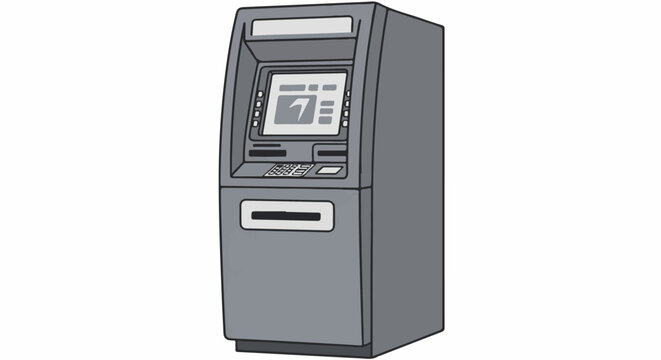 Gray automatic teller machine with a screen showing a symbol and a cash slot