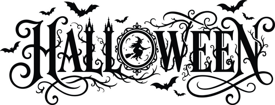 Halloween Typography Design with Witch Bats and Spooky Decorative Elements Vector Illustration