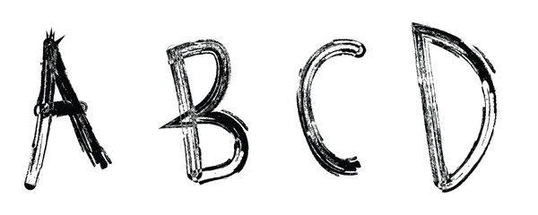 Grungy handwritten uppercase alphabet letters a, b, c, d, bold brush strokes. © RITA