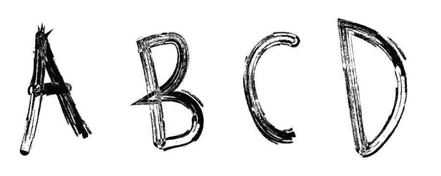 Grungy handwritten uppercase alphabet letters a, b, c, d, bold brush strokes.