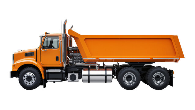 Orange dump truck with chrome details and black tires