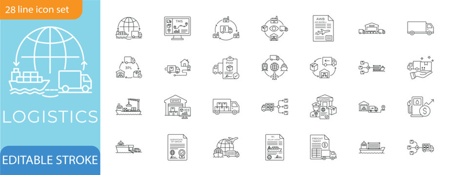 Logistics line icon set. Freight, cargo, customs, and delivery. Professional editable vector illustration