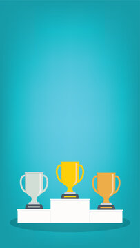 Podium winners. Gold, silver and bronze cups on podium. Vector illustration