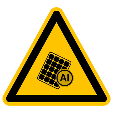 This vector illustration features a hazard warning sign with a solar panel icon and an ai badge, symbolizing the integration of artificial intelligence in green energy tech