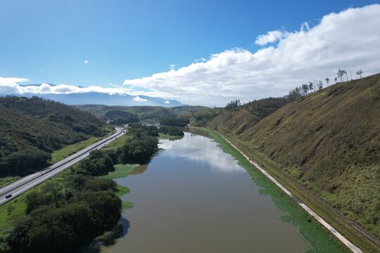 Aerial View of Paraiba do Sul River beside Presidente Dutra Highway near Lavrinhas Brazil