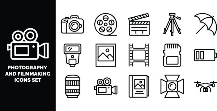 And filmmaking set, outline symbols for camera, reel, clapperboard, tripod, lens, and drone equipment