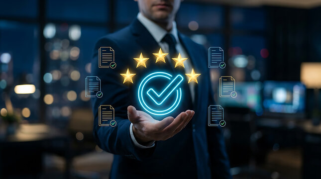 Business professional holding a glowing digital interface representing quality assurance, service rating, and document approval compliance.
