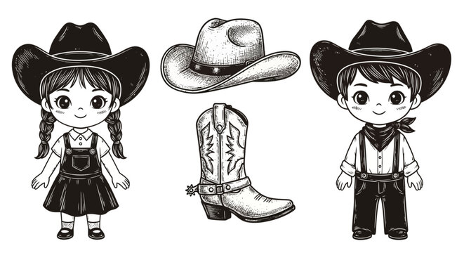 Cartoon cowboy kids with hat and boot, western illustration, kids fashion