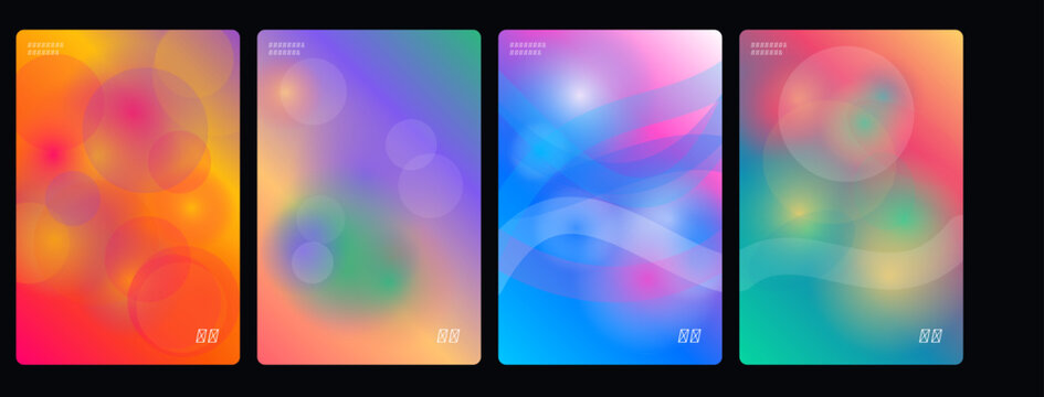 Vibrant abstract backgrounds, colorful gradient textures, neon effect illustrations, modern design elements, 4-panel vector set
