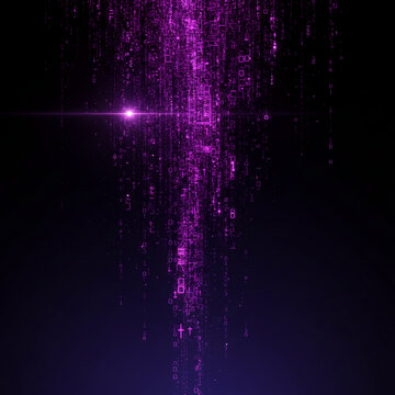 Flowing digital stream of pink binary code and geometric shapes on dark background, representing data flow, technology, and abstract digital art