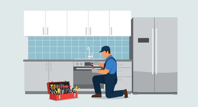 Man kneeling in kitchen with tool box, repairing appliance, home maintenance concept