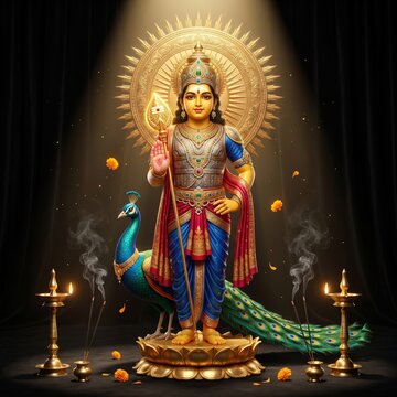 Hindu deity lord murugan standing on lotus with peacock and traditional oil lamps against a dark background representing divine spirituality cultural heritage and sacred devotional worship art