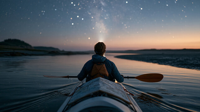 Overnight kayak expedition paddler navigating by headlamp down a tidal estuary channel after sunset, bow light mounted on deck, chart case open across the cockpit, stars reflected