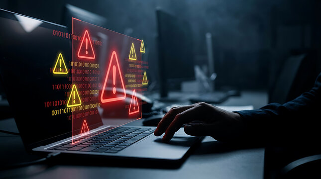 Cybersecurity expert analyzing critical system errors with glowing digital warning signs and binary code on a laptop screen