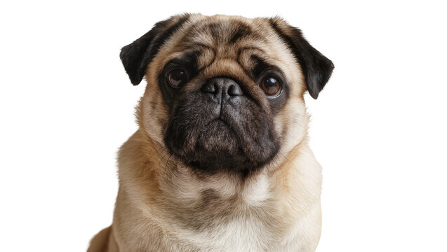 Pug dog face with fawn and black fur wrinkled snout, big eyes
