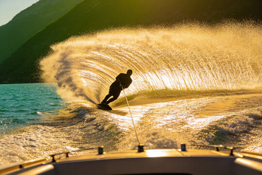 Wakeboarder carving water spray on alpine lake at golden sunset from boat view