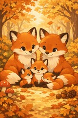Naklejka premium Cute fox family in autumn forest with baby foxes leaves acorns and cozy woodland background