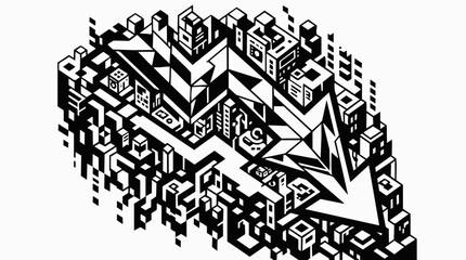Obraz premium Abstract isometric cityscape with geometric buildings, arrow, and digital grid elements in monochrome.