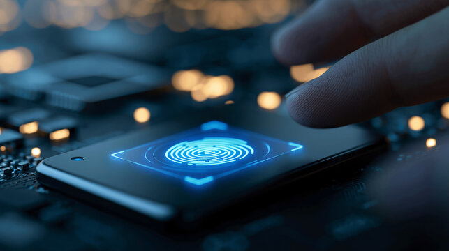 Close-up of a biometric fingerprint reader glowing blue on a dark surface, defocused technology hardware in background, digital security device, fingerprint authentication, smart
