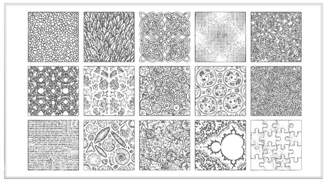 Detailed pattern texture collection of hand-drawn and engraved square tiles featuring organic geometric and scientific background illustrations