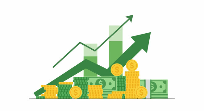 A green arrow indicates a positive trend over stacked money and coins