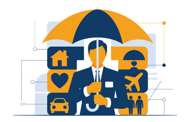 Graphic illustration of a businessman holding a protective umbrella over various life insurance icons with insurance