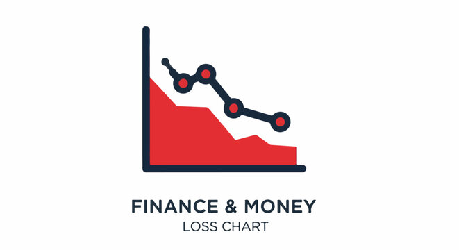 A descending line graph with red shaded area indicating financial decline