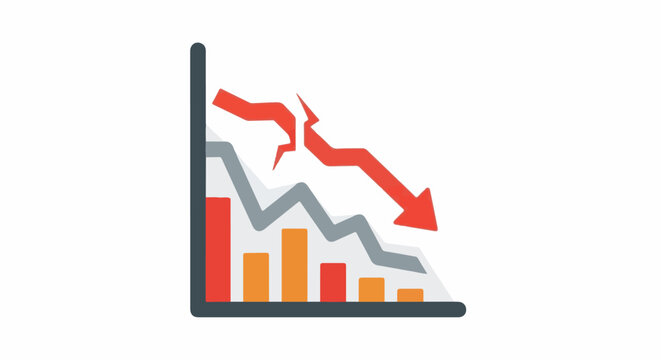 A downward trending bar and line graph with a red jagged arrow indicating a sharp decline