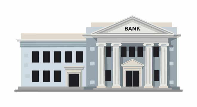 A stately, cartoon-style bank building with large columns and windows