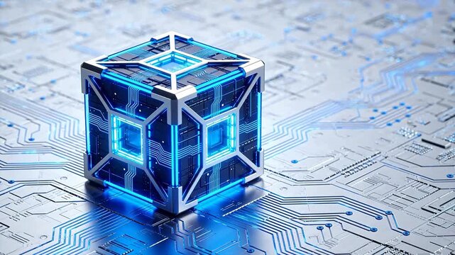 Futuristic cube on circuit board