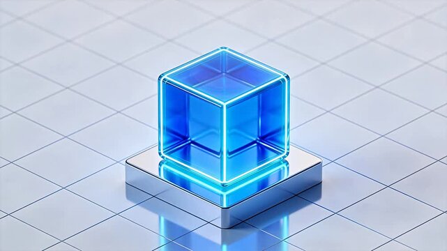 Blue glowing cube on metallic base
