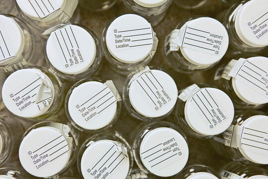 Glass beakers in laboratory, close-up