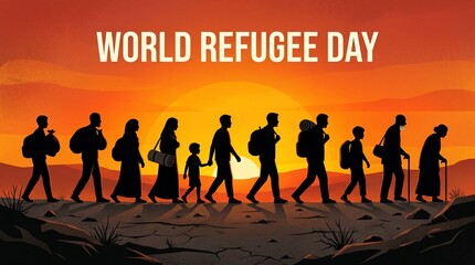 Diverse group of refugees walking in line across desert landscape during golden sunset hour.