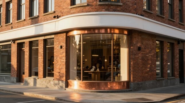 Corner storefront with large windows and copper details on a city street in the late afternoon