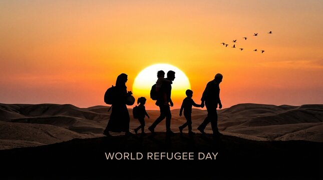 Silhouette of refugee family walking at sunset in desert during world refugee day observance.