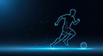 Fototapeta premium Illustrative stock image of a soccer player in mid-sprint, glowing blue lines, with a soccer ball in the background.