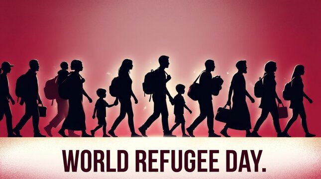 Silhouettes of people walking in a line, carrying luggage, during world refugee day.