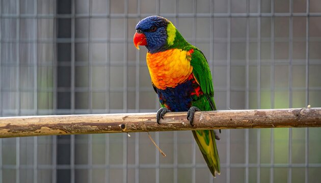 Colorful parrot perches on a twig, vibrant plumage against a blurry, gray-metal fence background