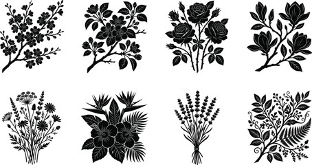 Botanical silhouette bundle with cherry blossom apple rose magnolia wildflowers tropical hibiscus lavender and foliage designs © GeetaRani