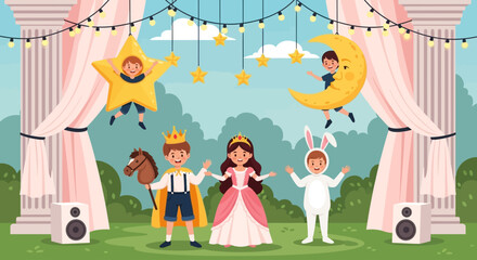 Naklejka premium Children in costumes on outdoor stage, fairy tale performance, kids entertainment concept