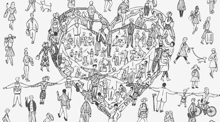 Obraz premium This community heart formed by diverse people illustrates global unity and connection through a hand drawn line art style showing people together.