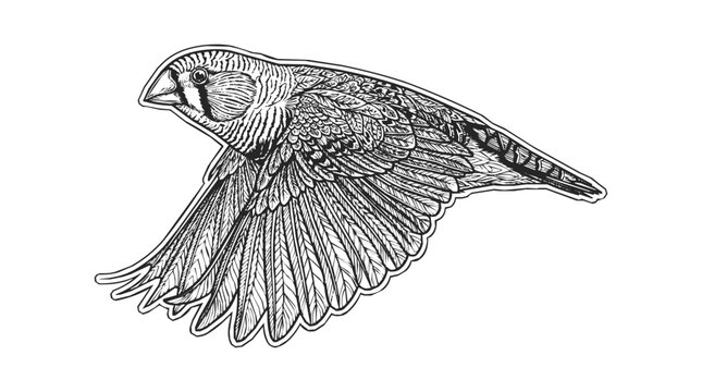 Beautiful hand-drawn illustration of a sparrow or flying bird in an engraving style with wings spread wide, perfect for vintage nature designs.