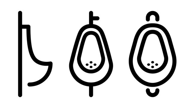 Urinal outline icon set showing side and front views. Minimalist restroom symbols for public toilet navigation and sanitation. Clean vector pictograms